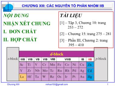 Bài giảng Hóa vô cơ A - Chương 13: Các nguyên tố phân nhóm IIB - Nguyễn Văn Hòa