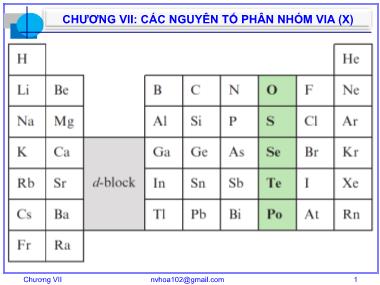 Bài giảng Hóa vô cơ A - Chương 7: Các nguyên tố phân nhóm VIA - Nguyễn Văn Hòa