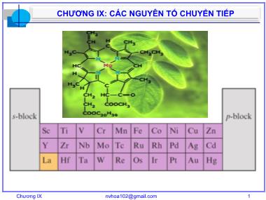 Bài giảng Hóa vô cơ A - Chương 9: Các nguyên tố chuyển tiếp - Nguyễn Văn Hòa