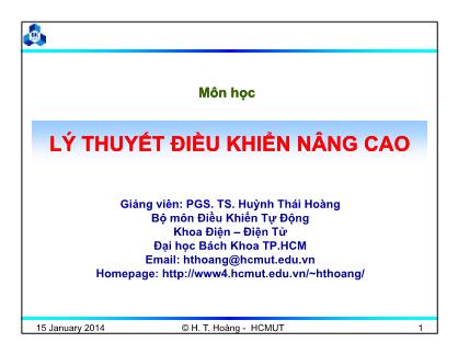 Bài giảng Lý thuyết điều khiển nâng ca - Chương 3: Điều khiển tối ưu - Huỳnh Thái Hoàng