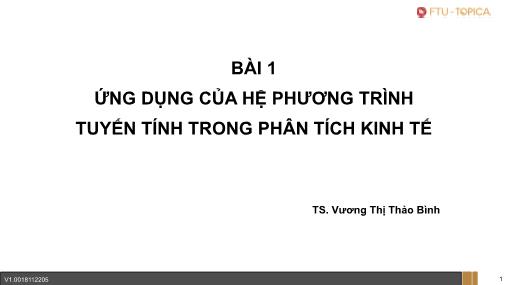 Bài giảng Toán cao cấp - Bài 1: Ứng dụng của hệ phương trình tuyến tính trong phân tích kinh tế - Vương Thị Thảo Bình