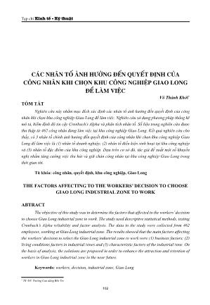 Các nhân tố ảnh hưởng đến quyết định của công nhân khi chọn khu công nghiệp Giao Long để làm việc