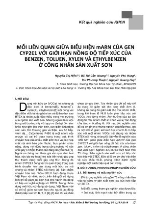 Mối liên quan giữa biểu hiện mARN của gen cyp2e1 với giới hạn nồng độ tiếp xúc của benzen, toluen, xylen và ethylbenzen ở công nhân sản xuất sơn