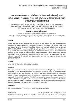 Tính toán kiểm tra các chỉ số phát thải của nhà máy nhiệt điện mông dương 1 trong quá trình khởi động - Đề xuất một số giải pháp kỹ thuật giảm thiểu phát thải