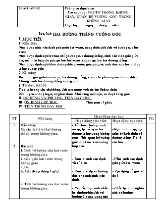 Giáo án Hình học Lớp 11 - Chương 3: Vectơ trong không gian, quan hệ vuông góc trong không gian - Bài: Hai đường thẳng vuông góc