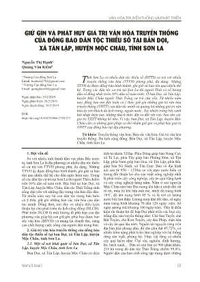 Giữ gìn và phát huy giá trị văn hóa truyền thống của đồng bào dân tộc thiểu số tại bản Dọi, xã Tân Lập, huyện Mộc Châu, tỉnh Sơn La