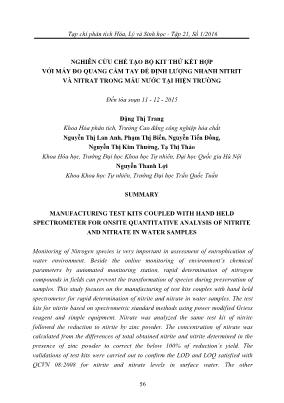 Nghiên cứu chế tạo bộ kit thử kết hợp với máy đo quang cầm tay để định lượng nhanh nitrit và nitrat trong mẫu nước tại hiện trường