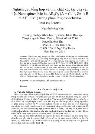Nghiên cứu tổng hợp và tính chất xúc tác của vật liệu Nanospinen bậc ba AB2O4 (A = Cu2+, Zn2+; B = Al3+, Cr3+) trong phản ứng oxidehydro hoá etylbezen