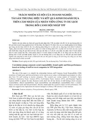 Trách nhiệm xã hội của doanh nghiệp, tài sản thương hiệu và kết quả kinh doanh dựa trên cảm nhận của nhân viên công ty du lịch trong bối cảnh hội nhập TPP