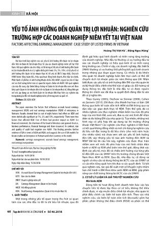 Yếu tố ảnh hưởng đến quản trị lợi nhuận: Nghiên cứu trường hợp các doanh nghiệp niêm yết tại Việt Nam