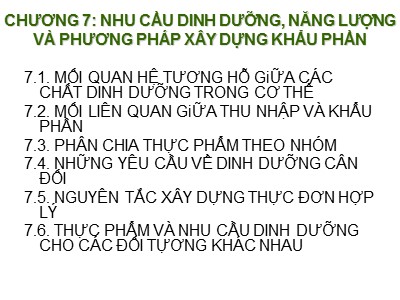 Bài giảng Dinh dưỡng học - Chương 7: Nhu cầu dinh dưỡng, năng lượng và phương pháp xây dựng khẩu phần - Hồ Xuân Hương