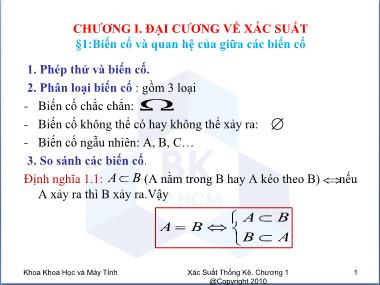 Bài giảng môn Xác suất thống kê - Chương 1: Đại cương về xác suất