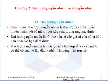 Bài giảng môn Xác suất thống kê - Chương 2: Đại lượng ngẫu nhiên, vectơ ngẫu nhiên