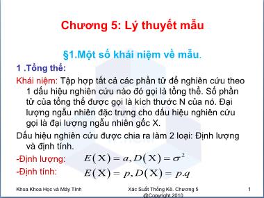 Bài giảng môn Xác suất thống kê - Chương 5: Lý thuyết mẫu