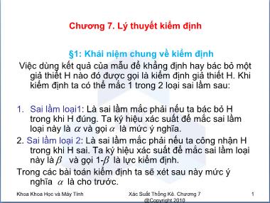 Bài giảng môn Xác suất thống kê - Chương 7: Lý thuyết kiểm định