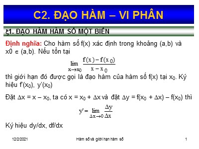 Bài giảng Vi tích phân - Chương 2: Đạo hàm, vi phân