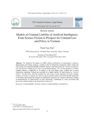 Các mô hình trách nhiệm hình sự đối với thực thể trí tuệ nhân tạo: Từ khoa học viễn tưởng đến viễn cảnh đặt ra trong chính sách, pháp luật hình sự Việt Nam