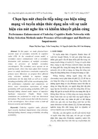 Chọn lựa nút chuyển tiếp nâng cao hiệu năng mạng vô tuyến nhận thức dạng nền với sự xuất hiện của nút nghe lén và khiếm khuyết phần cứng