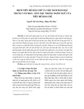 Dịch tiêu đề báo chí và việc đảm bảo đặc trưng văn hoá - Dân tộc trong ngôn ngữ của tiêu đề báo chí