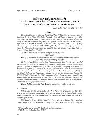 Điều tra thành phần loài và xây dựng bộ mẫu lưỡng cư (Amphibia), bò sát (Reptilia) ở núi nhỏ thành phố Vũng Tàu