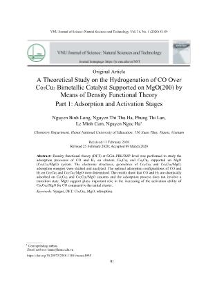 Nghiên cứu lí thuyết phản ứng hydro hóa CO trên hệ xúc tác lưỡng kim loại Co2Cu2 trên chất mang MgO(200) bằng phương pháp phiếm hàm mật độ