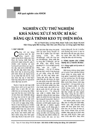 Nghiên cứu thử nghiệm khả năng xử lý nước rỉ rác bằng quá trình keo tụ điện hóa