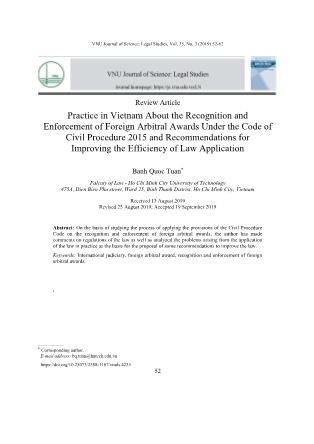 Thực tiễn công nhận và cho thi hành tại Việt Nam phán quyết của trọng tài nước ngoài theo Bộ luật Tố tụng dân sự 2015 và kiến nghị góp phần nâng cao hiệu quả điều chỉnh của pháp luật
