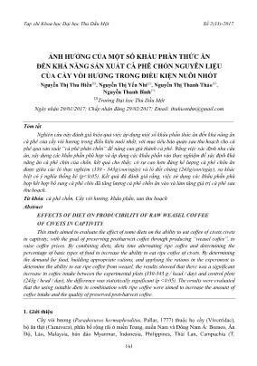 Ảnh hưởng của một số khẩu phần thức ăn đến khả năng sản xuất cà phê chồn nguyên liệu của cầy vòi hương trong điều kiện nuôi nhốt