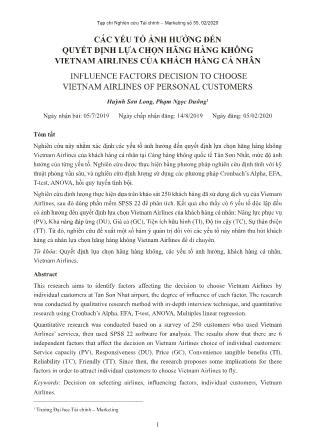 Các yếu tố ảnh hưởng đến quyết định lựa chọn hãng hàng không Vietnam Airlines của khách hàng cá nhân