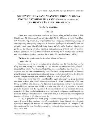 Nghiên cứu khả năng nhân chồi trong nuôi cấy invitro cây khoai mán vàng (colocasia esculenta sp.) của huyện Cẩm Thủy, Thanh Hóa